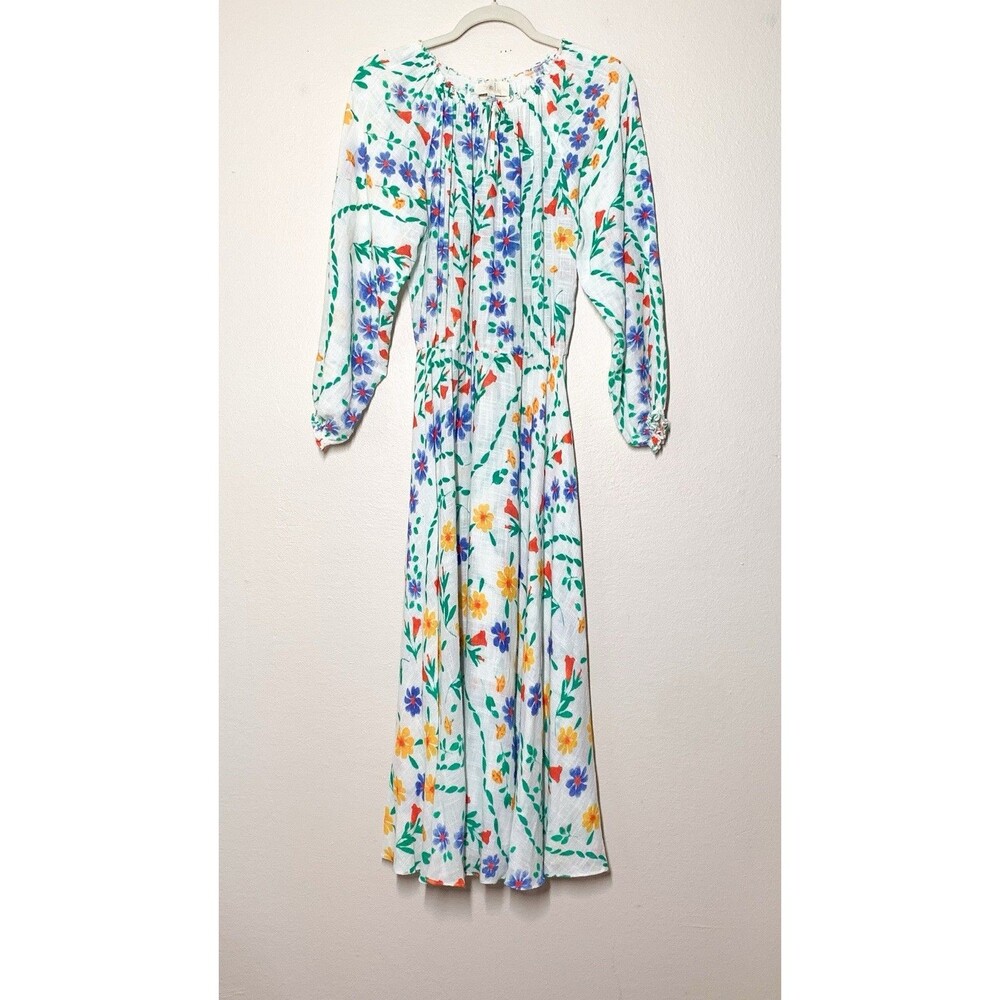 Soler Floral Midi Dress S Gauze Long Sleeve White Stretch Waist White Daisy